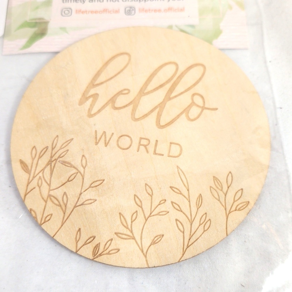Wood Birth Announcement Sign; Hello World Newborn Photo Prop Disc; NWT